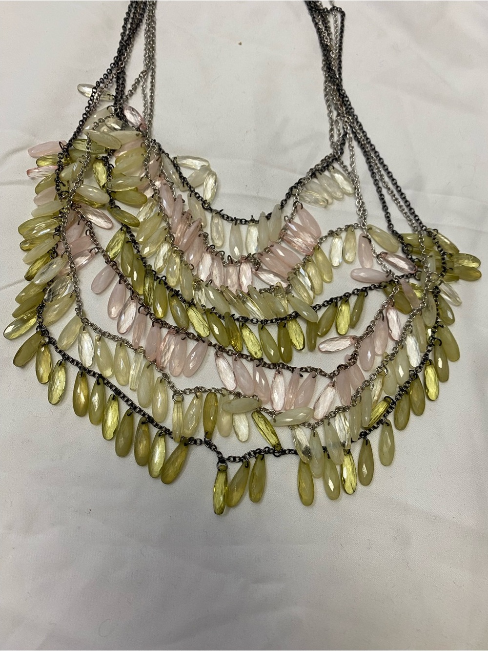 Source Unknown Pink, Cream & Olive Multi-Strand Drop Necklace